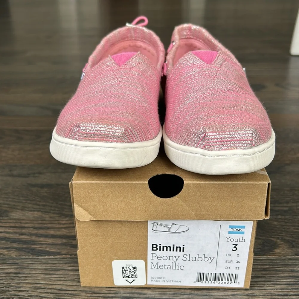 TOMS Bimini Peony Slubby Metallic Pink YOUTH 3 Girls Glam/Shimmery/ Glitter Boat